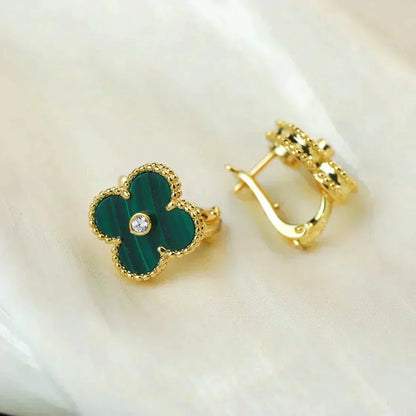 [⭐Aura]CLOVER MEDIUM 1 MOTIFS MALACHITE DIAMOND EARRINGS