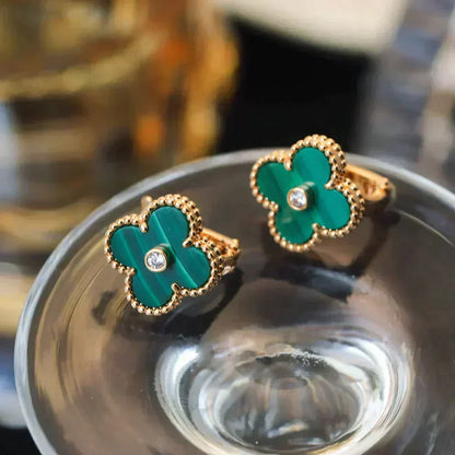 [⭐Aura]CLOVER MEDIUM 1 MOTIFS MALACHITE DIAMOND EARRINGS