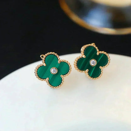 [⭐Aura]CLOVER MEDIUM 1 MOTIFS MALACHITE DIAMOND EARRINGS