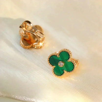 [⭐Aura]CLOVER MEDIUM 1 MOTIFS MALACHITE DIAMOND EARRINGS