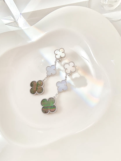 [⭐Aura]CLOVER 3 MOTIFS CHALCEDONY DARK MOP SILVER EARRINGS