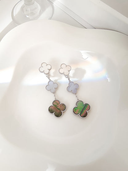 [⭐Aura]CLOVER 3 MOTIFS CHALCEDONY DARK MOP SILVER EARRINGS