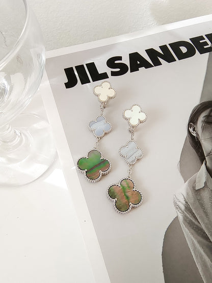 [⭐Aura]CLOVER 3 MOTIFS CHALCEDONY DARK MOP SILVER EARRINGS