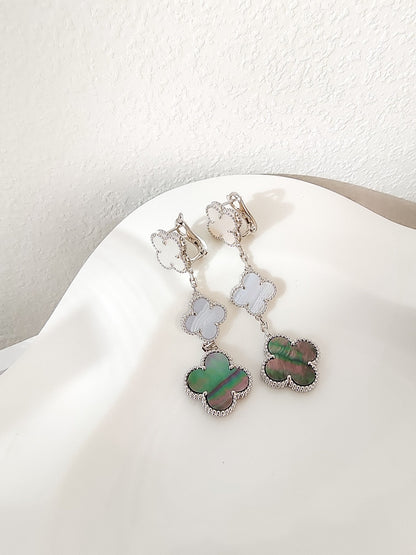 [⭐Aura]CLOVER 3 MOTIFS CHALCEDONY DARK MOP SILVER EARRINGS