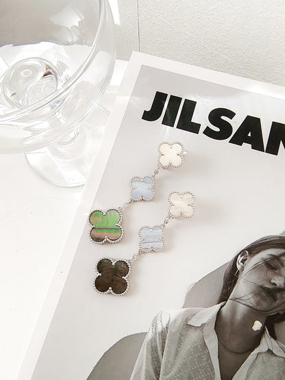 [⭐Aura]CLOVER 3 MOTIFS CHALCEDONY DARK MOP SILVER EARRINGS