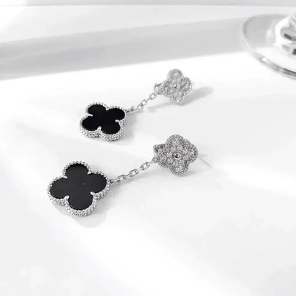 [⭐Aura]CLOVER 2 MOTIFS  DIAMOND ONYX EARRINGS SILVER