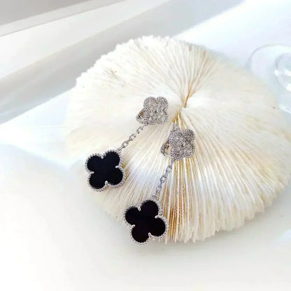[⭐Aura]CLOVER 2 MOTIFS  DIAMOND ONYX EARRINGS SILVER