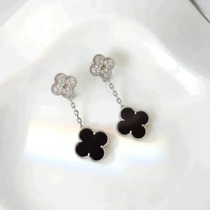 [⭐Aura]CLOVER 2 MOTIFS  DIAMOND ONYX EARRINGS SILVER