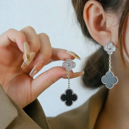 [⭐Aura]CLOVER 2 MOTIFS  DIAMOND ONYX EARRINGS SILVER