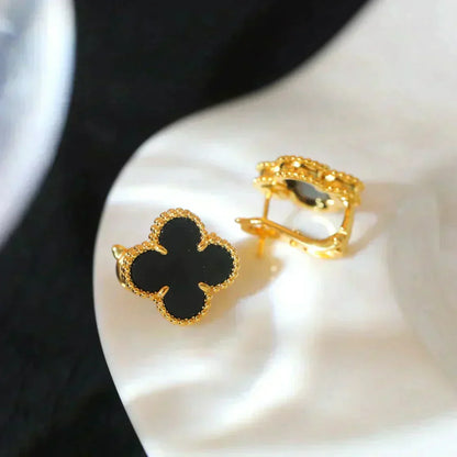 [⭐Aura]CLOVER MEDIUM 1 MOTIFS  ONYX STUD EARRINGS