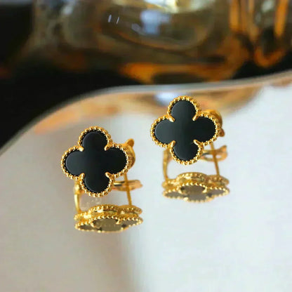 [⭐Aura]CLOVER MEDIUM 1 MOTIFS  ONYX STUD EARRINGS