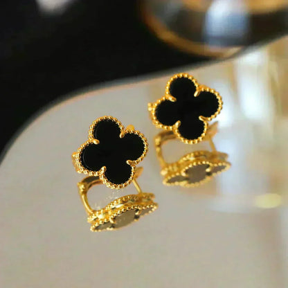 [⭐Aura]CLOVER MEDIUM 1 MOTIFS  ONYX STUD EARRINGS