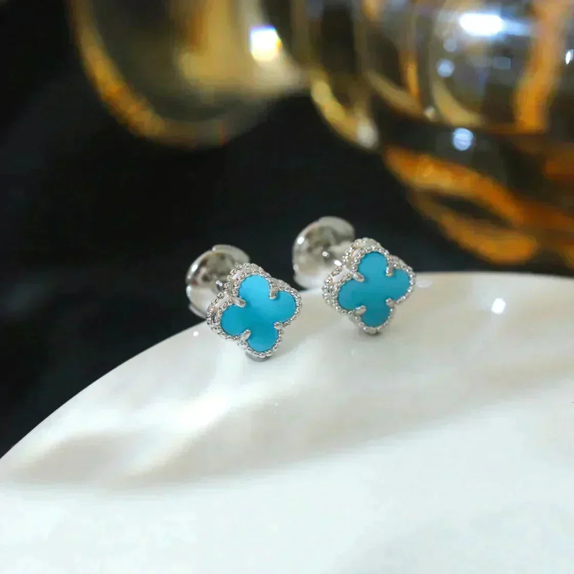[⭐Aura]CLOVER MINI 9.5MM ONYX STUD EARRINGS SILVER