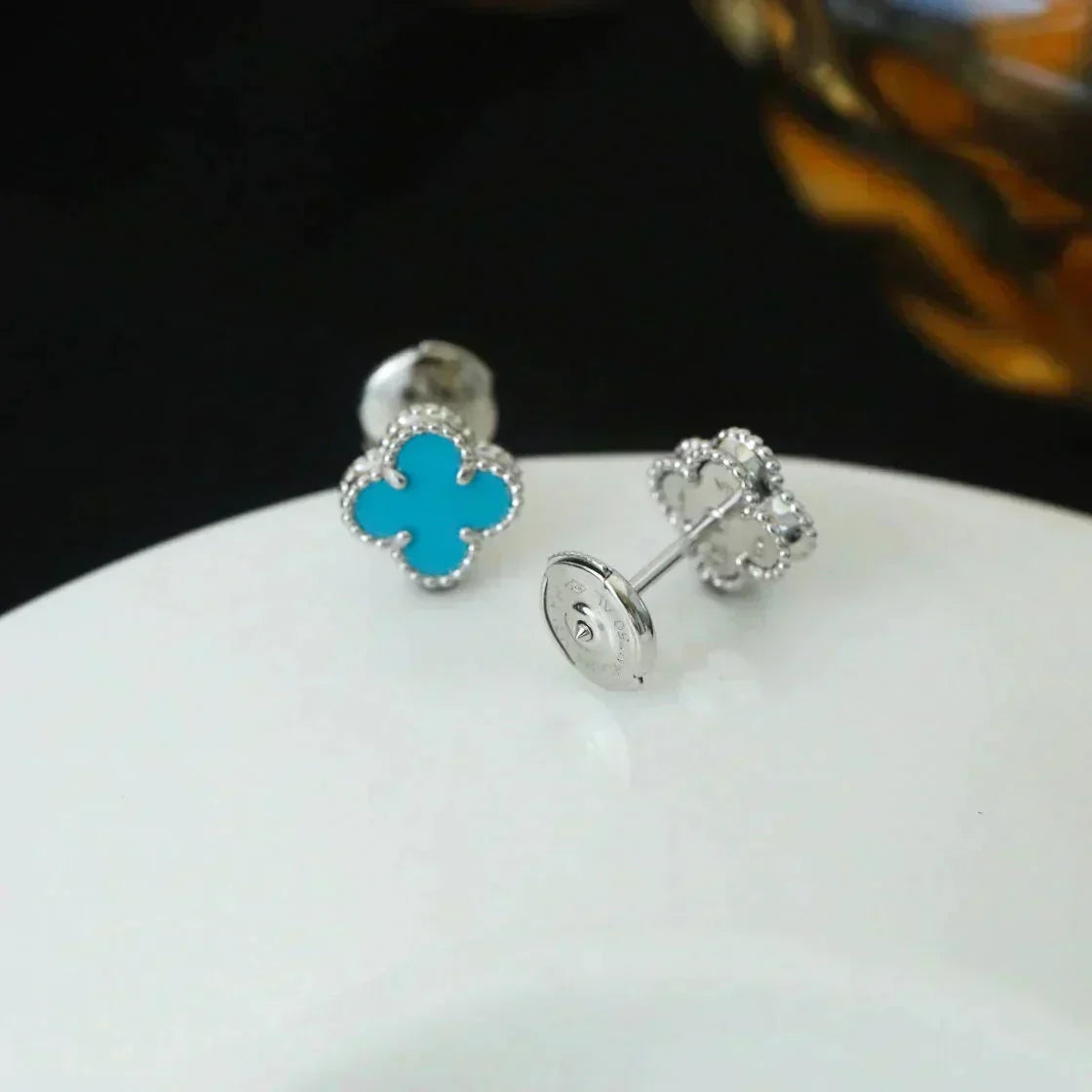 [⭐Aura]CLOVER MINI 9.5MM ONYX STUD EARRINGS SILVER
