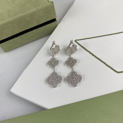 [⭐Aura]CLOVER 3 MOTIF DIAMOND SILVER DROP EARRINGS