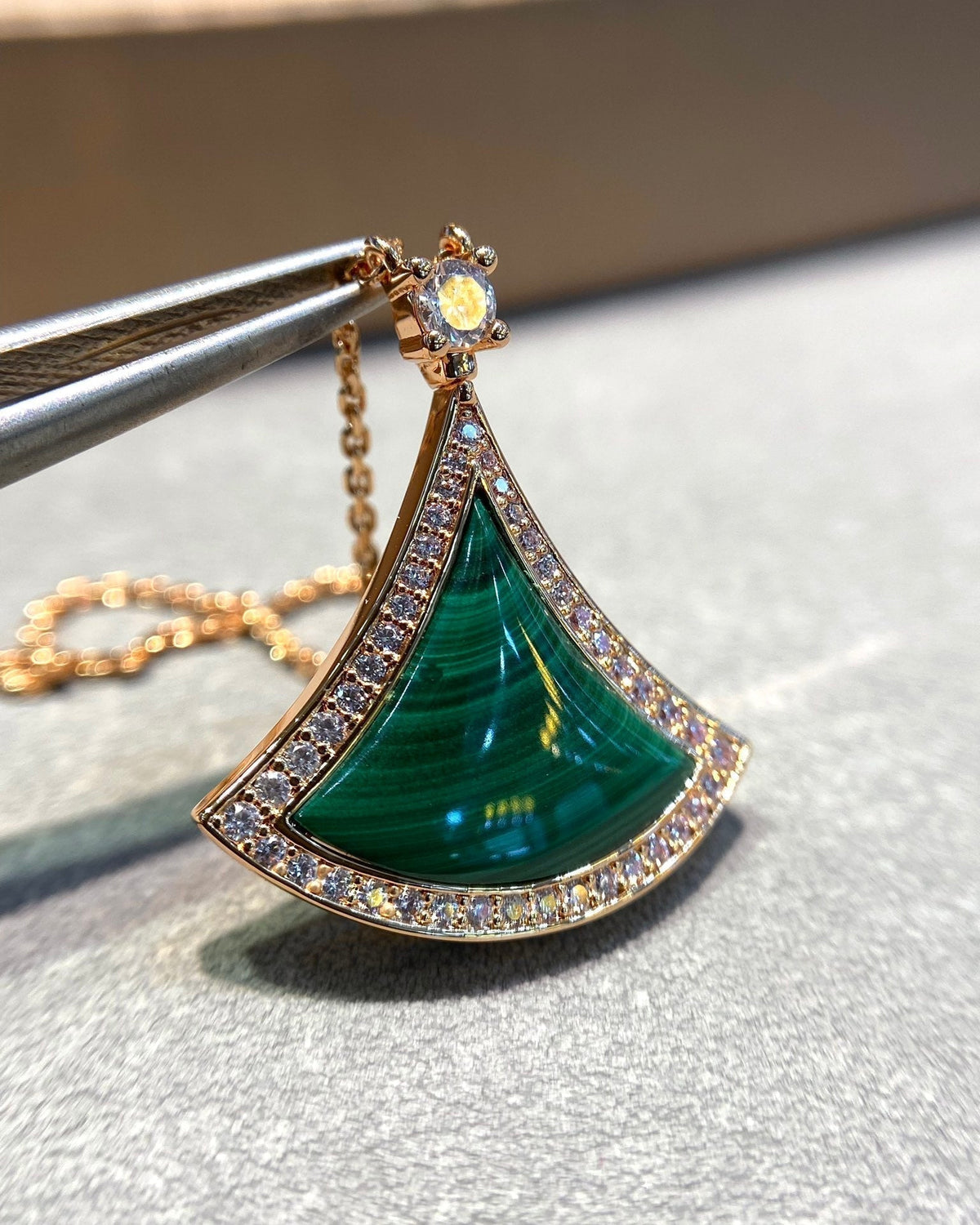 [⭐Aura]DREAM MALACHITE DIAMOND PAVED PINK GOLD NECKLACE