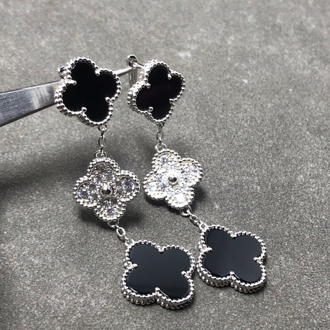 [⭐Aura]CLOVER 3 MOTIF DIAMOND ONYX SILVER EARRINGS