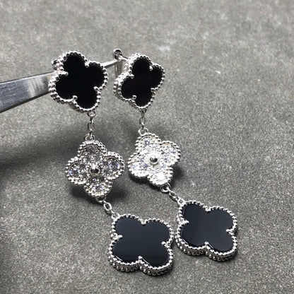 [⭐Aura]CLOVER 3 MOTIF DIAMOND ONYX SILVER EARRINGS