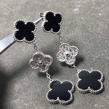 [⭐Aura]CLOVER 3 MOTIF DIAMOND ONYX SILVER EARRINGS