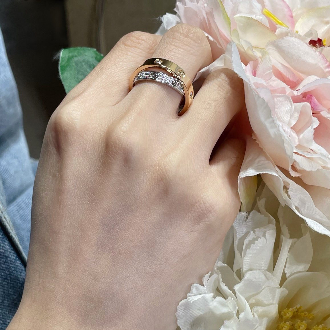 [⭐Aura]LOVE PINK GOLD SILVER DIAMOND DOUBLE RING
