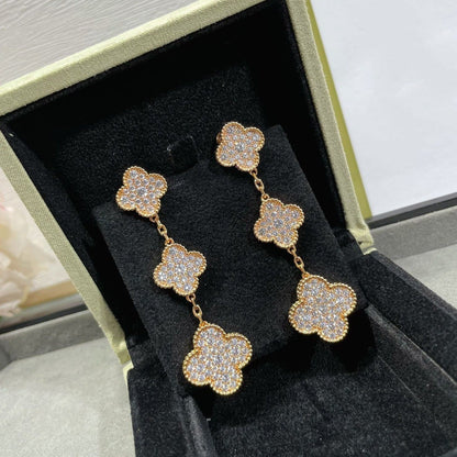 [⭐Aura]CLOVER 3 MOTIFS DIAMOND PAVED ROSE GOLD EARRINGS