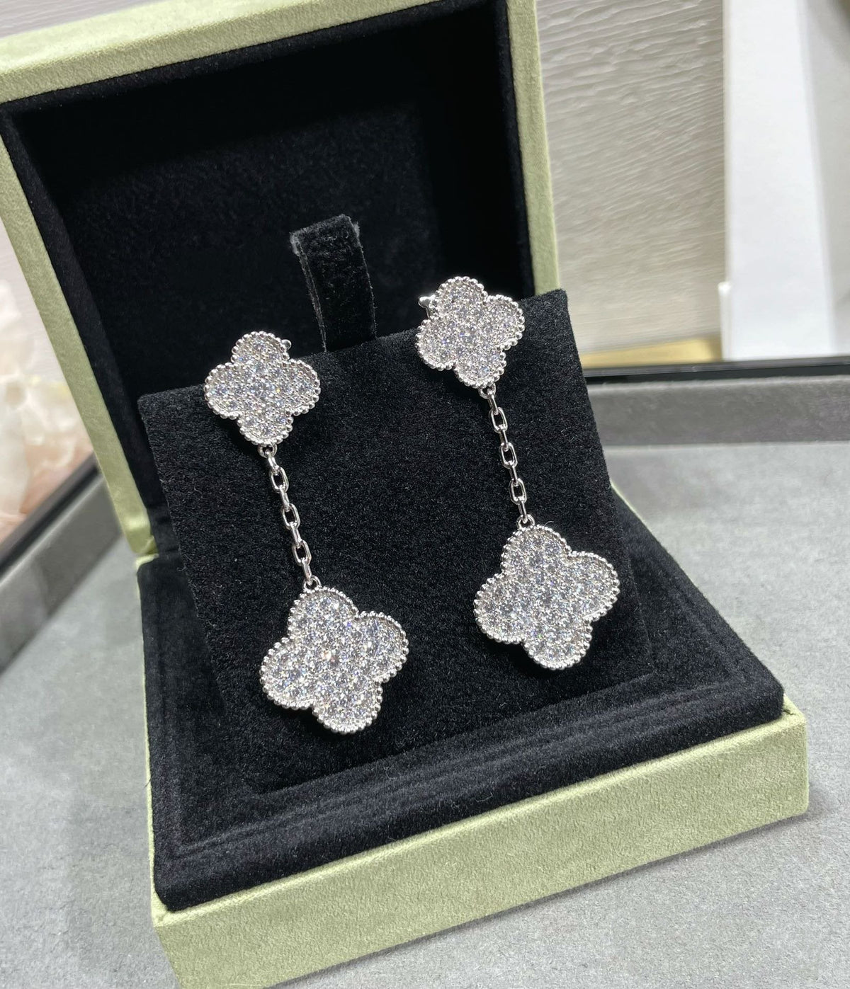 [⭐Aura]CLOVER 2 MOTIFS DIAMOND PAVED SILVER EARRINGS