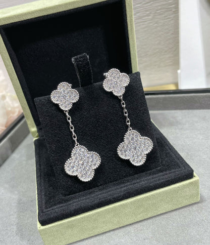 [⭐Aura]CLOVER 2 MOTIFS DIAMOND PAVED SILVER EARRINGS