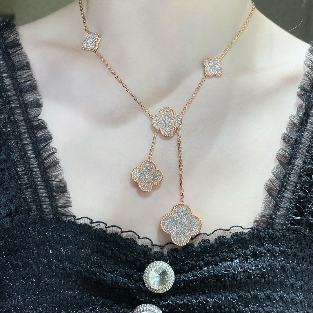 [⭐Aura]CLOVER 6 MOTIF DIAMOND PAVED NECKLACE