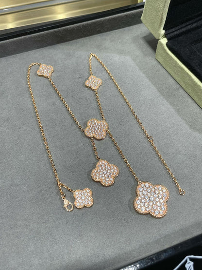 [⭐Aura]CLOVER 6 MOTIF DIAMOND PAVED NECKLACE