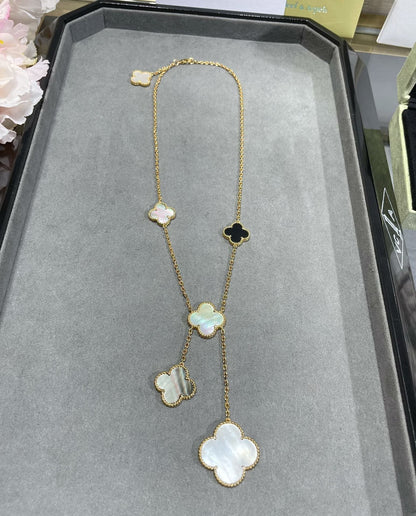 [⭐Aura]CLOVER 6 MOTIF MOP ONYX GOLD NECKLACE