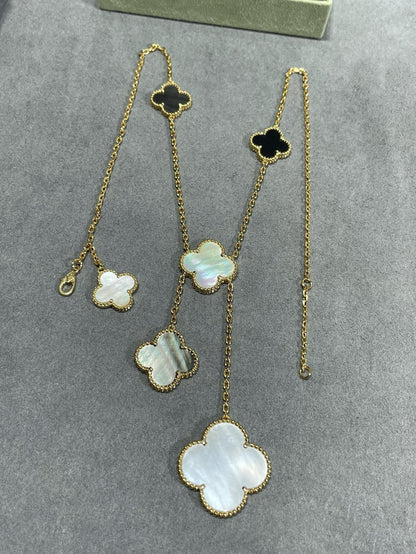 [⭐Aura]CLOVER 6 MOTIF MOP ONYX GOLD NECKLACE