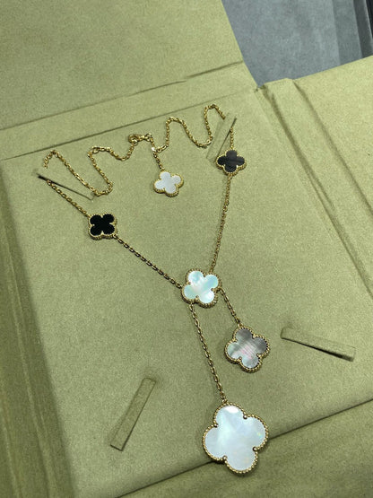 [⭐Aura]CLOVER 6 MOTIF MOP ONYX GOLD NECKLACE