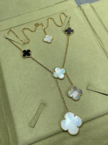 [⭐Aura]CLOVER 6 MOTIF MOP ONYX GOLD NECKLACE