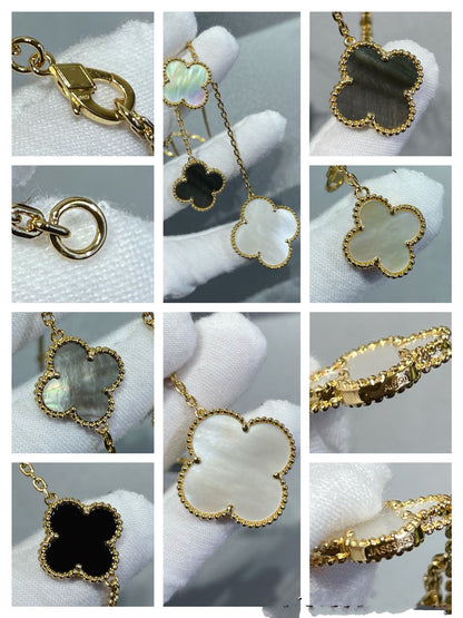 [⭐Aura]CLOVER 6 MOTIF MOP ONYX GOLD NECKLACE