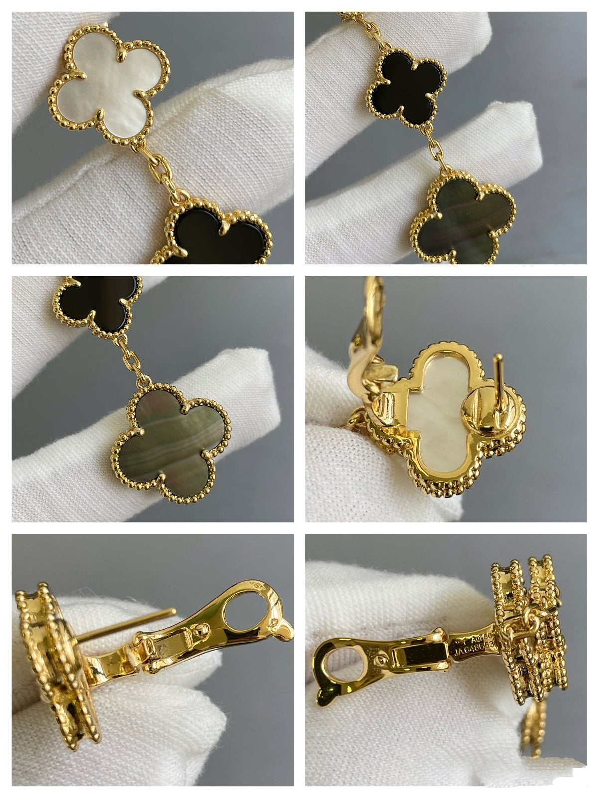 [⭐Aura]CLOVER 3 MOTIF MOP ONYX DARK MOP PINK GOLD EARRINGS