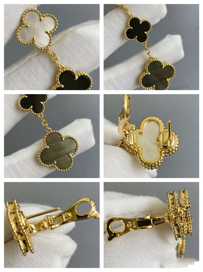 [⭐Aura]CLOVER 3 MOTIF MOP ONYX DARK MOP PINK GOLD EARRINGS