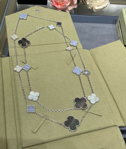 [⭐Aura]CLOVER 16 MOTIF CHALCEDONY MOP SILVER NECKLACE