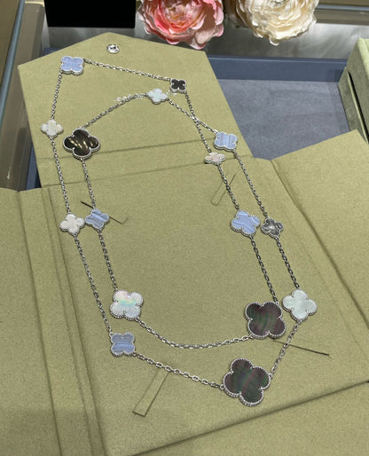[⭐Aura]CLOVER 16 MOTIF CHALCEDONY MOP SILVER NECKLACE