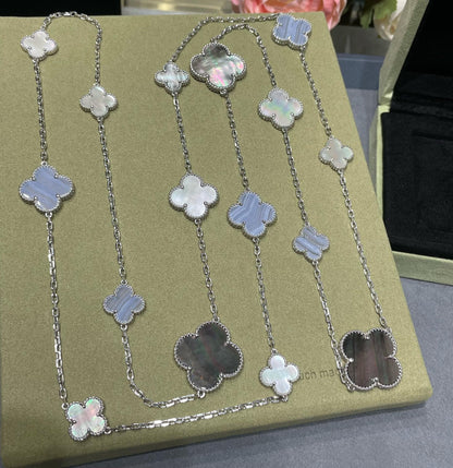[⭐Aura]CLOVER 16 MOTIF CHALCEDONY MOP SILVER NECKLACE