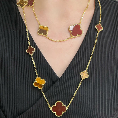 [⭐Aura]CLOVER 16 MOTIF CARNELIAN TIGER EYE ROSE GOLD NECKLACE