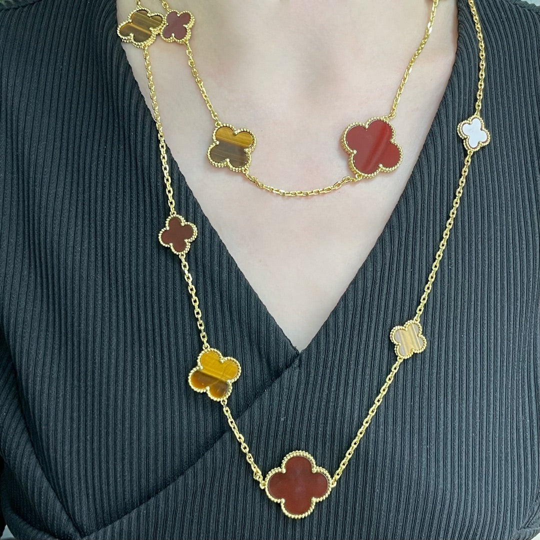 [⭐Aura]CLOVER 16 MOTIF CARNELIAN TIGER EYE ROSE GOLD NECKLACE