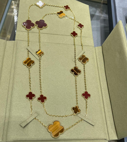 [⭐Aura]CLOVER 16 MOTIF CARNELIAN TIGER EYE ROSE GOLD NECKLACE