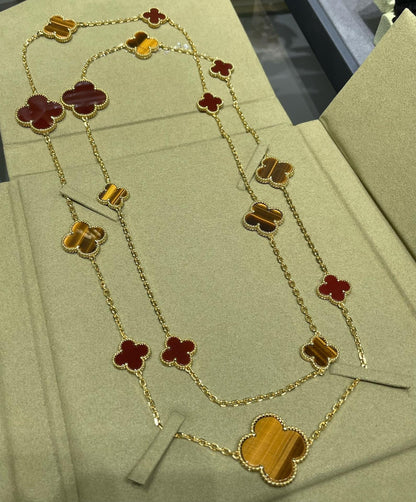 [⭐Aura]CLOVER 16 MOTIF CARNELIAN TIGER EYE ROSE GOLD NECKLACE