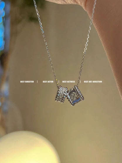 [⭐Aura]PERLEE DOUBLE PENDANT SILVER DIAMOND NECKLACE