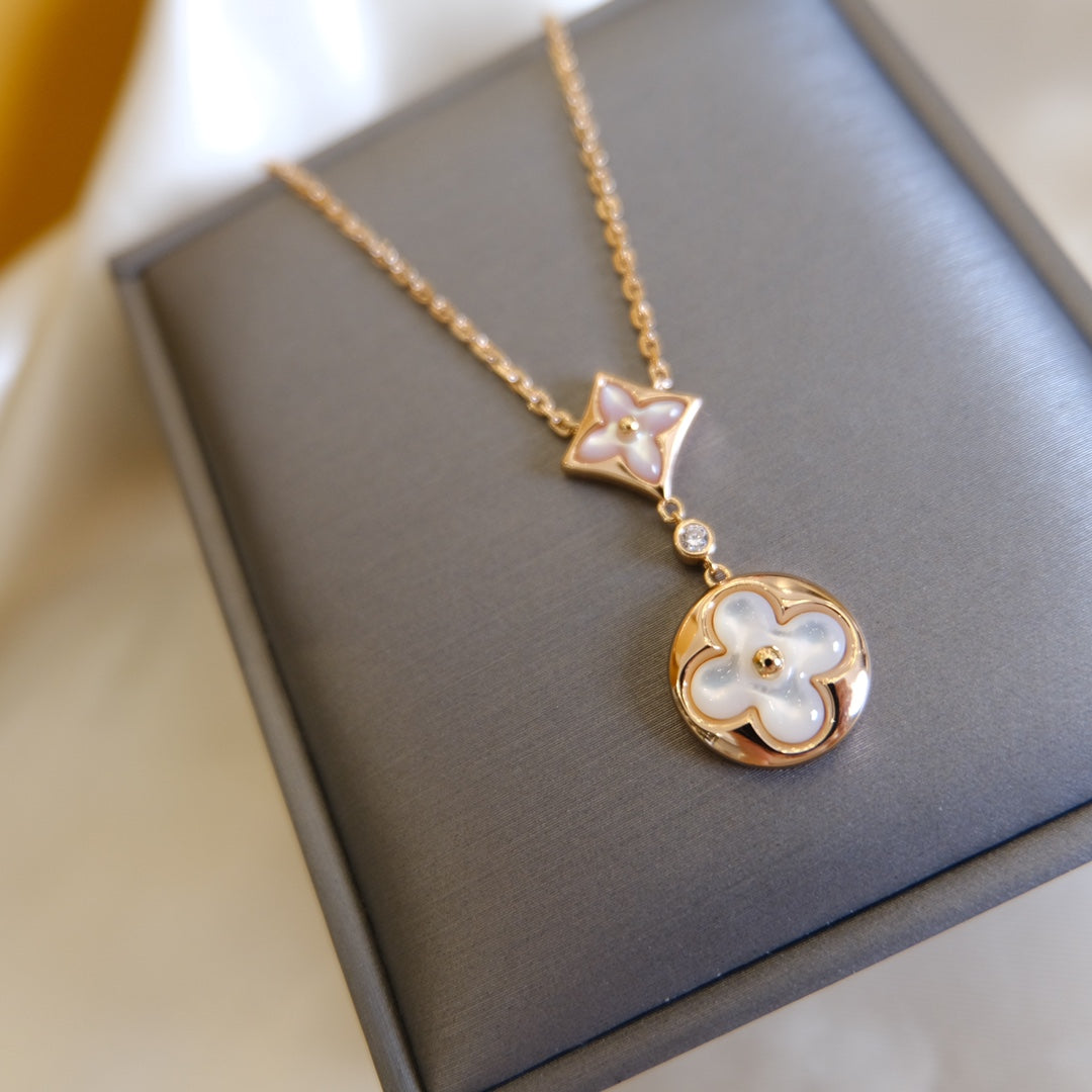 [⭐Aura]STAR AND SUN WHITE MOP 2 MOTIF PINK GOLD NECKLACE