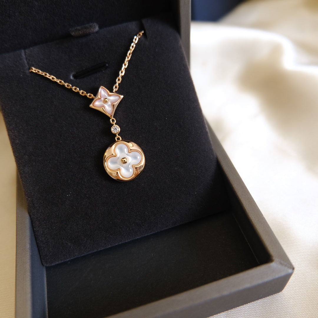 [⭐Aura]STAR AND SUN WHITE MOP 2 MOTIF PINK GOLD NECKLACE