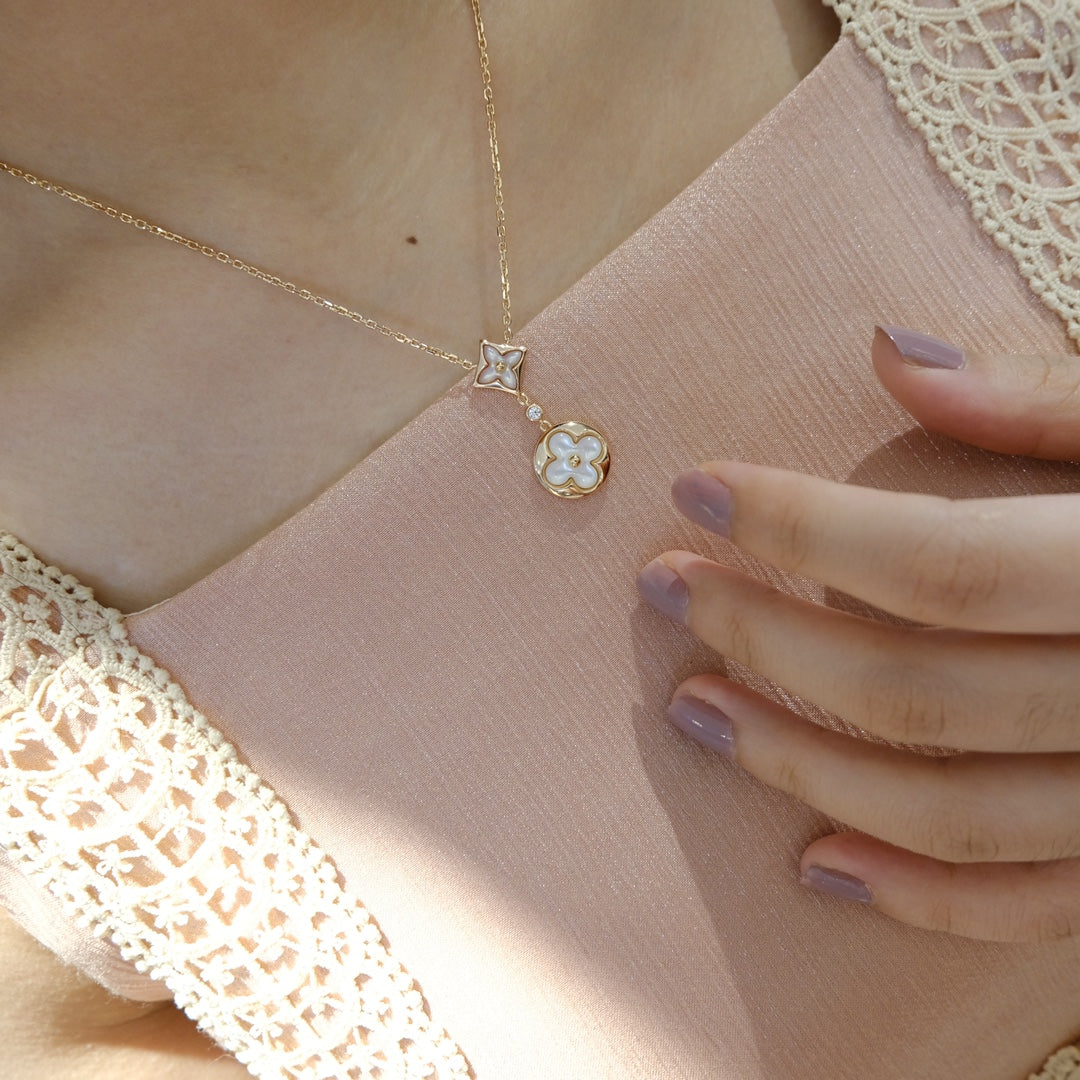 [⭐Aura]STAR AND SUN WHITE MOP 2 MOTIF PINK GOLD NECKLACE