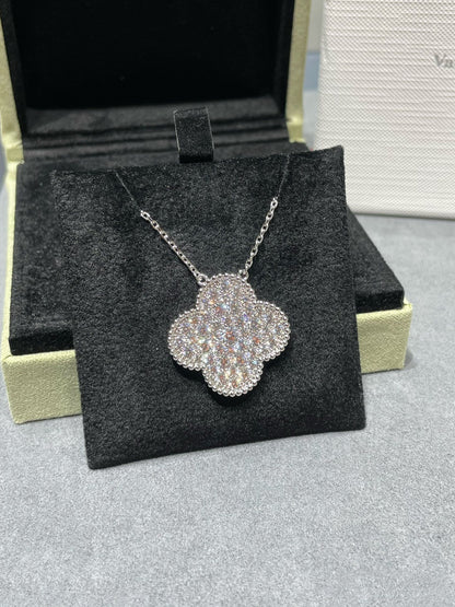 [⭐Aura]CLOVER 25MM LARGE PENDANT DIAMOND PAVED SILVER NECKLACE