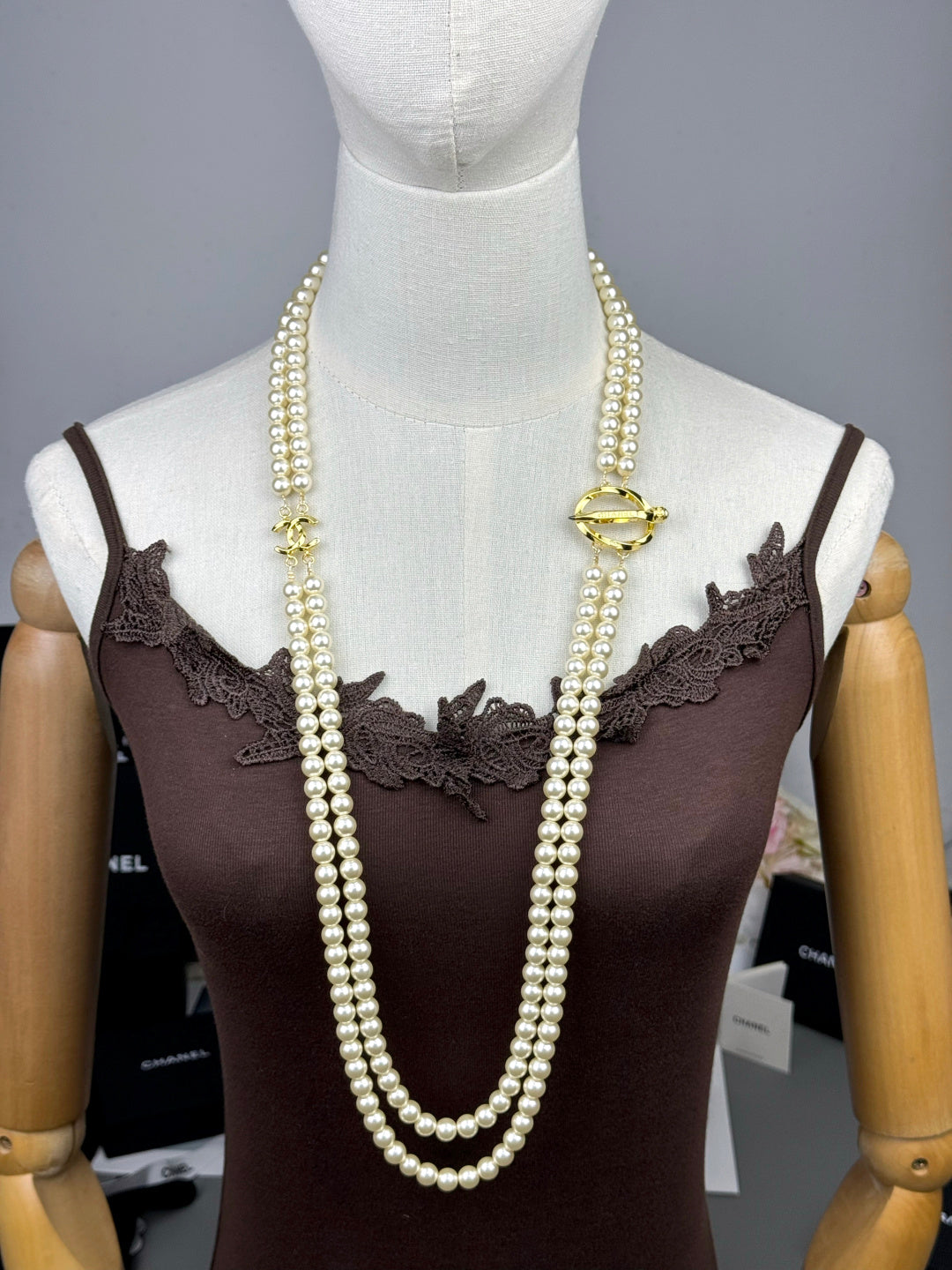 [⭐Aura]25K Pencil Double C Double-Layer Pearl Sweater Chain
