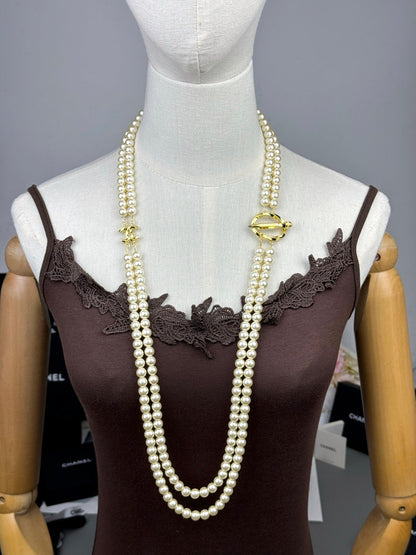[⭐Aura]25K Pencil Double C Double-Layer Pearl Sweater Chain